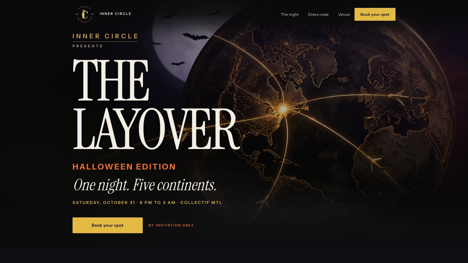 The Inner Circle ticket site at innercircle.blendapp.ai, selling The Layover: Halloween Edition at Collectif MTL, Montreal