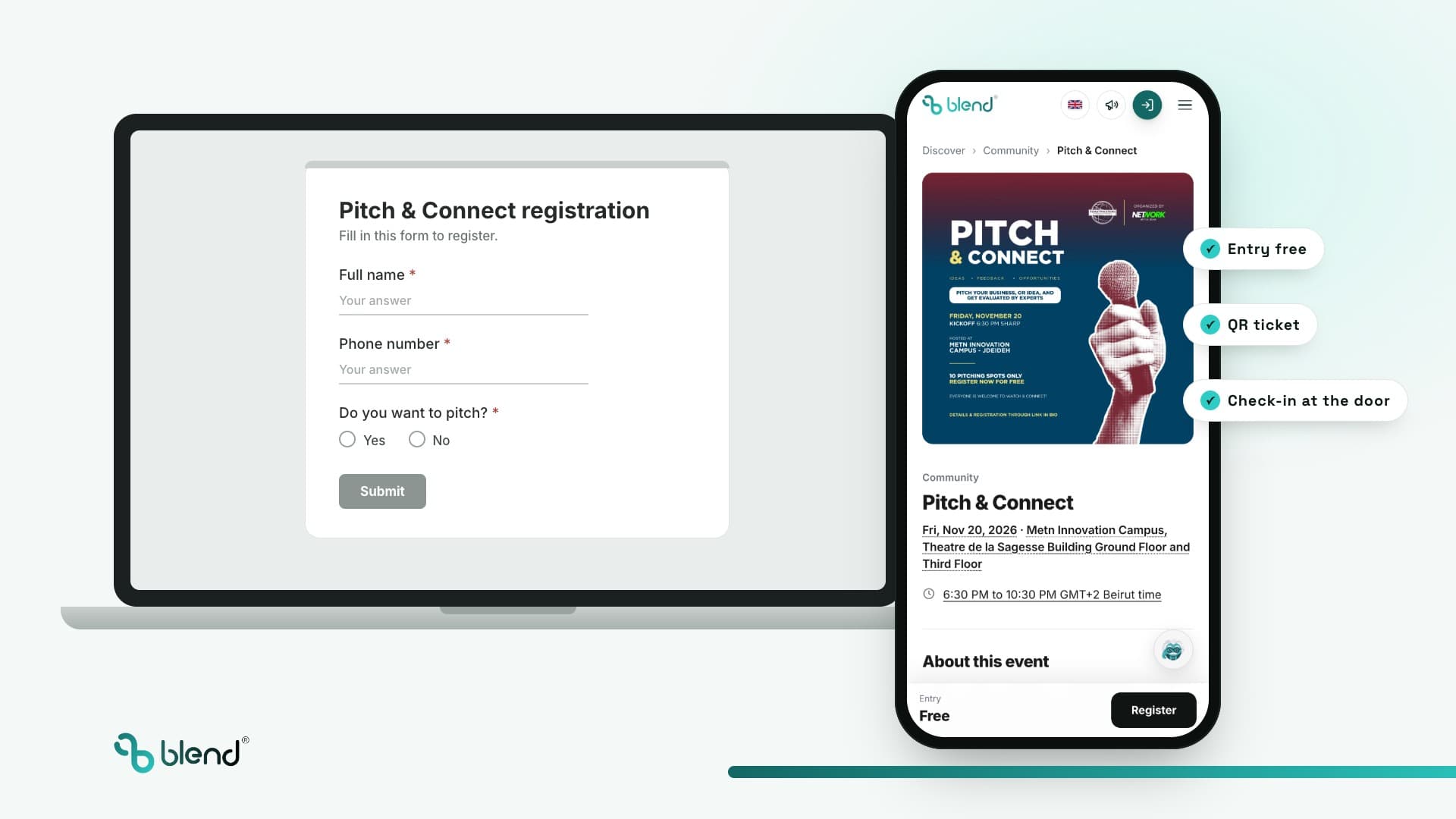 A plain registration form on a laptop next to the free Pitch & Connect event page on Blend, on a phone
