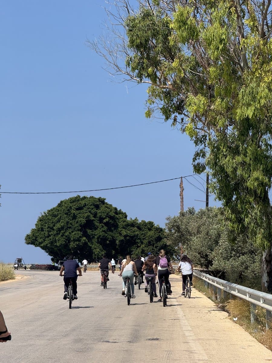 Bike Club Tripoli riders cycling past an open field with a tree overhanging the road, the sea just visible beyond a guardrail