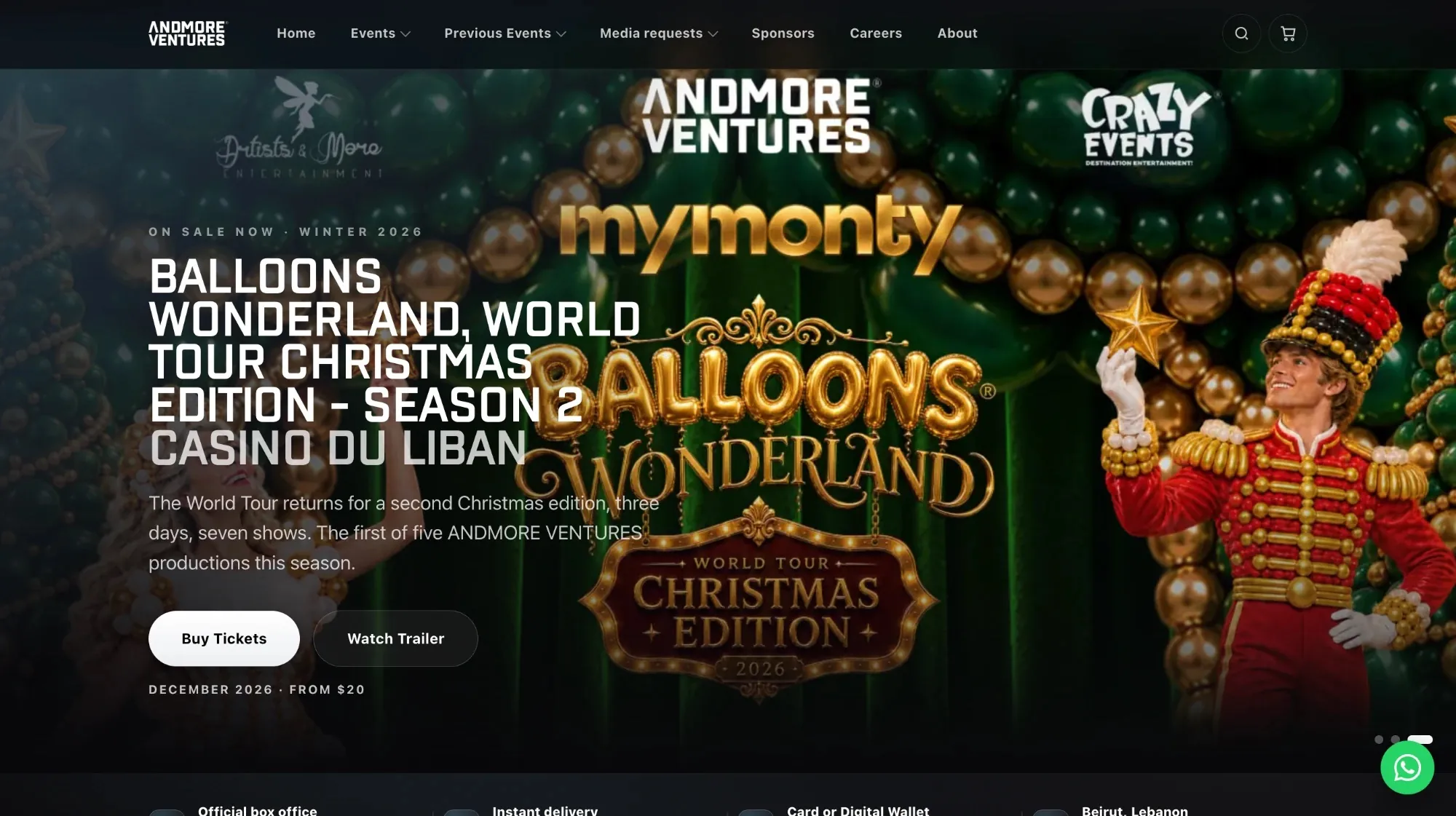 andmoreventures.co home page selling Balloons Wonderland, World Tour Christmas Edition, with Buy Tickets and Watch Trailer