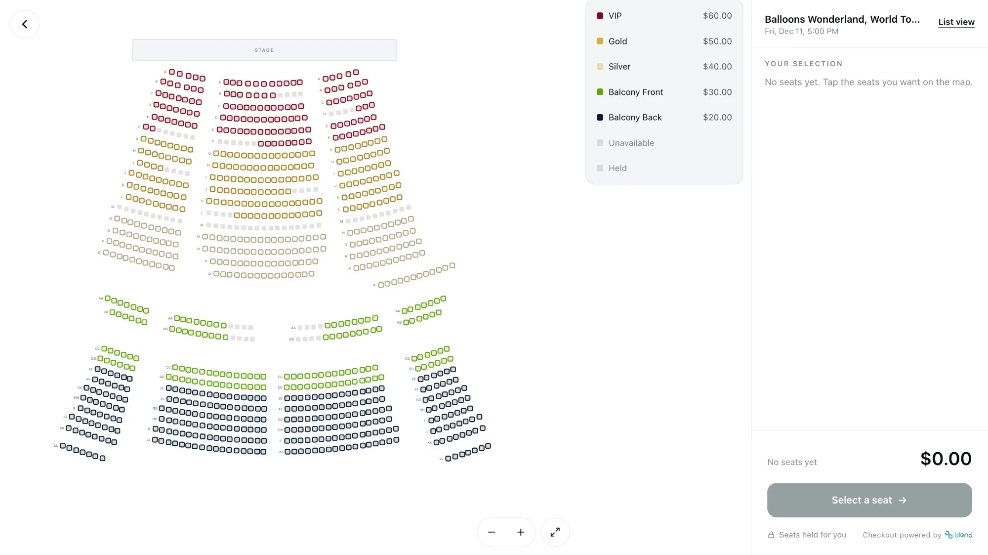 Balloons Wonderland seat map on andmoreventures.co, with VIP, Gold, Silver and Balcony tiers, checkout powered by Blend