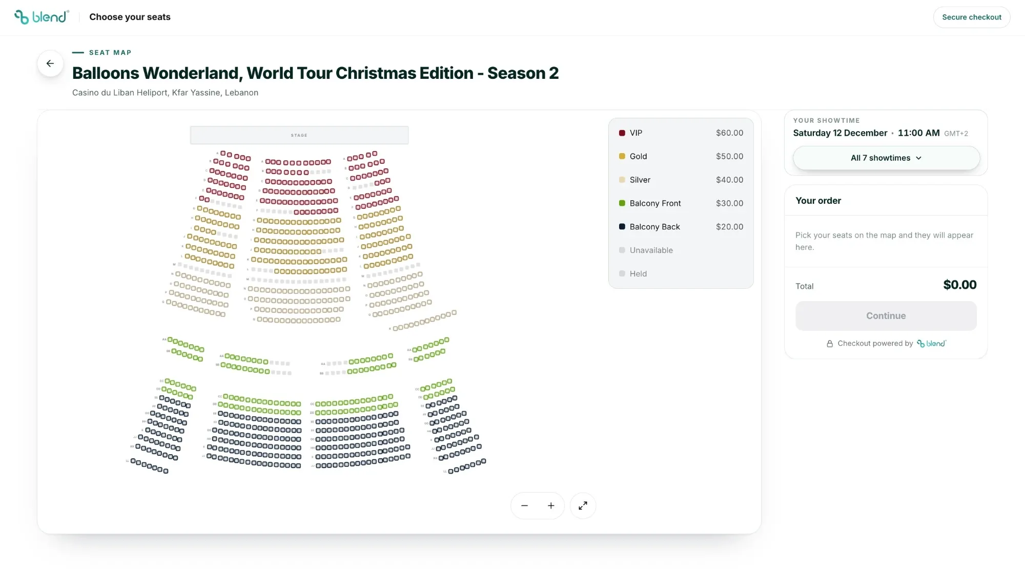 The same Balloons Wonderland seat map on Blend, with the same tiers and the same held and unavailable seats