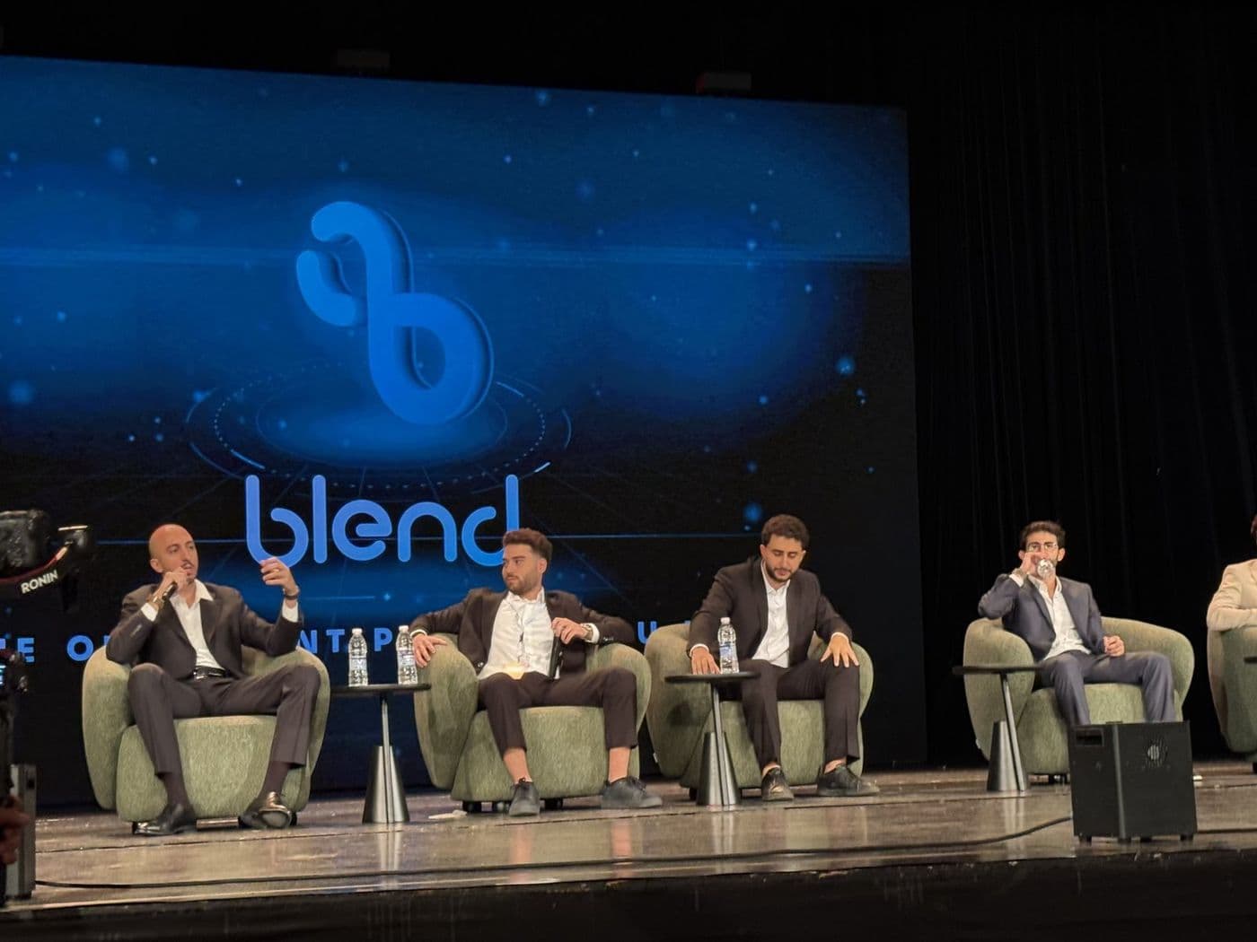 The panel Events and Technology on the main stage of Théâtre Casino du Liban, five speakers seated in front of a Blend screen