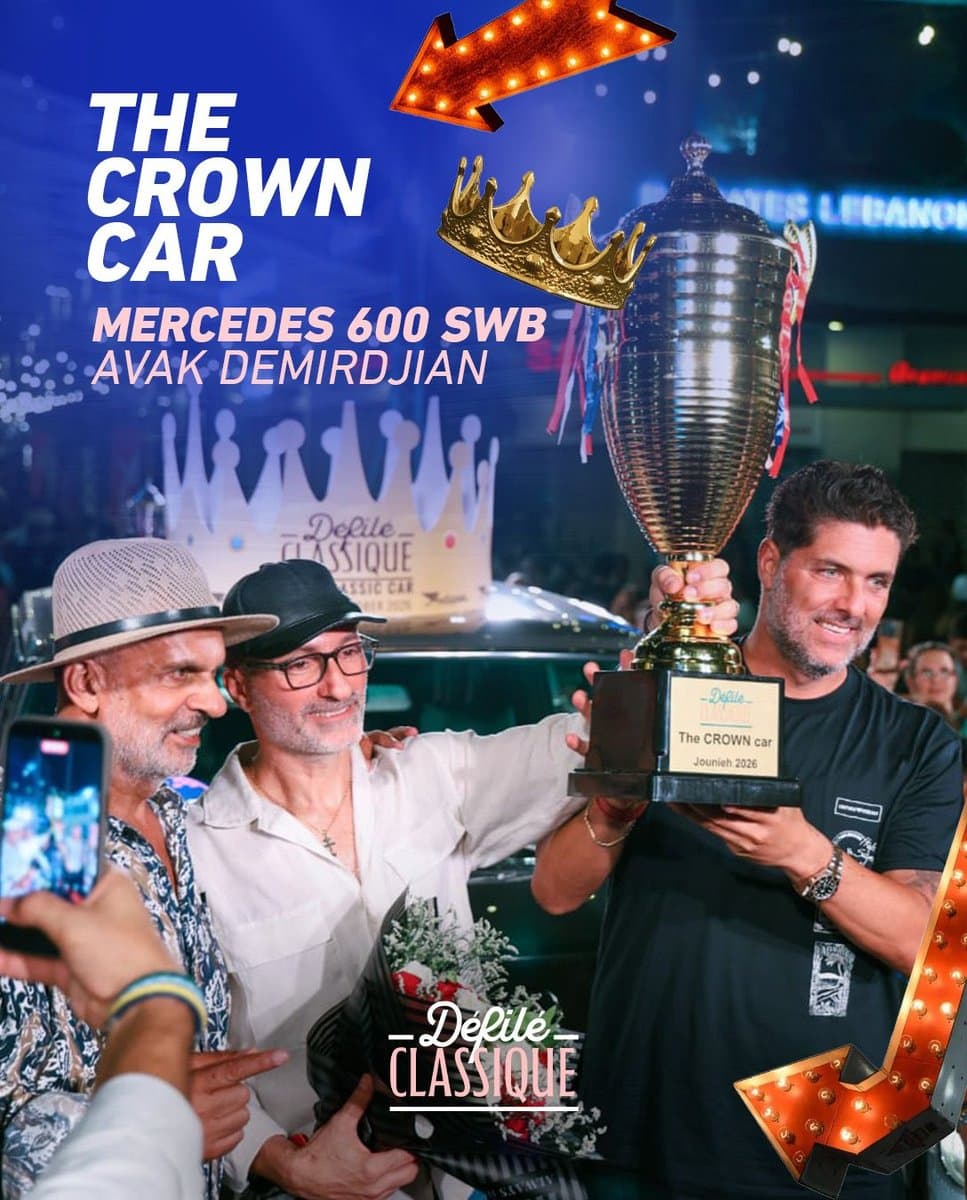 A Defile Classique awards graphic reading 'The Crown Car, Mercedes 600 SWB, Avak Demirdjian' with the winner holding a trophy on stage