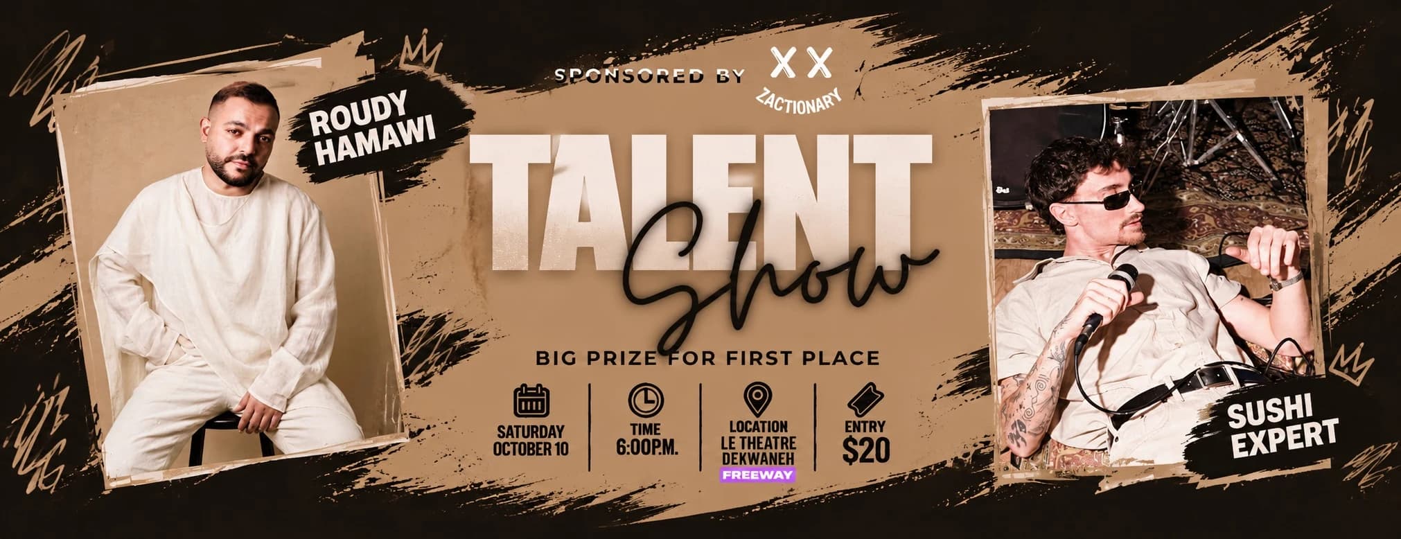 Official event graphic for the Talent Show featuring Roudy Hamawi and Sushi Expert, Le Theatre, Dekwaneh