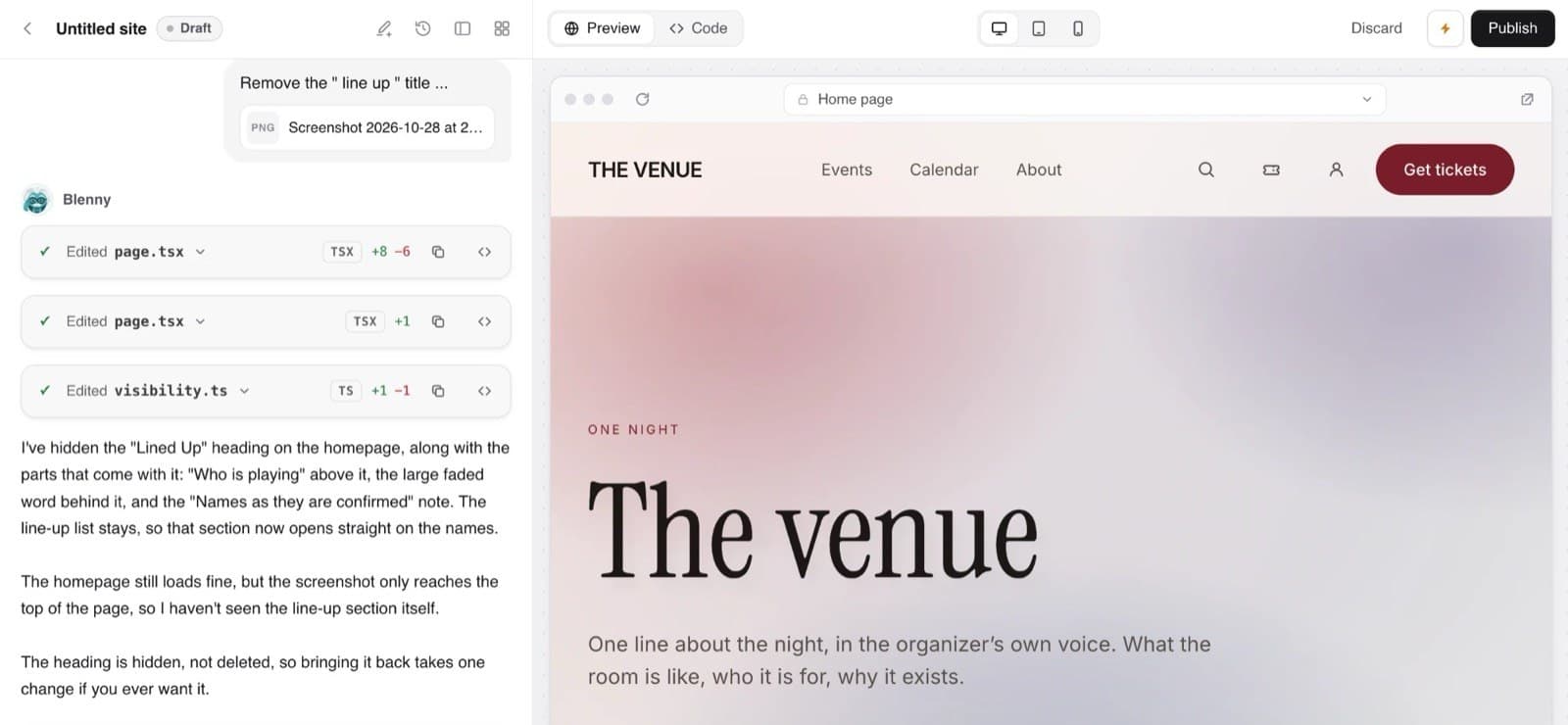Blend's store editor, with Blenny's chat on the left and a live preview of an event website on the right