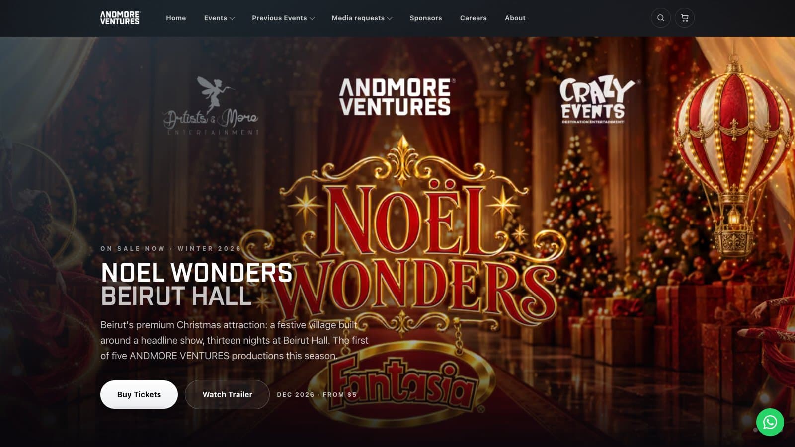 The AndMore Ventures website with Noël Wonders at Beirut Hall on sale, on desktop