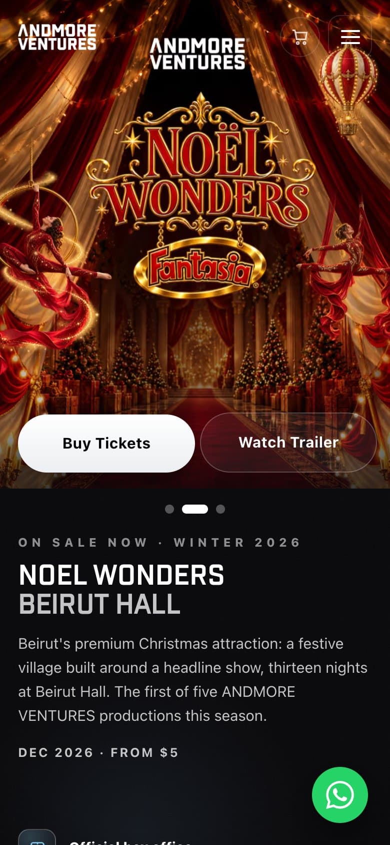 The AndMore Ventures website with Noël Wonders at Beirut Hall on sale, on a phone