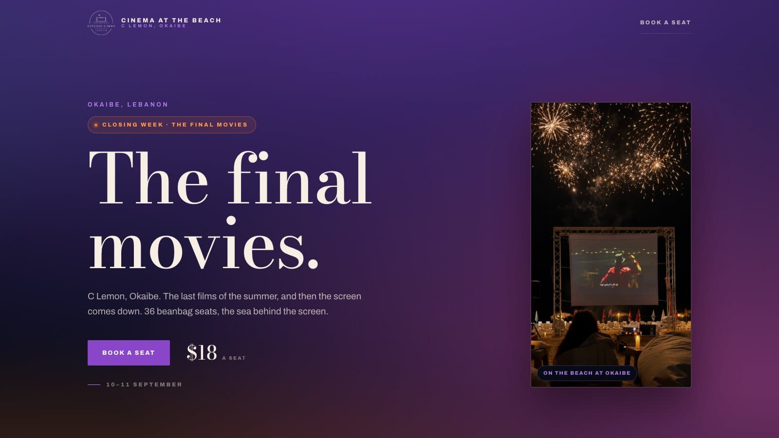 The Cinema at the Beach website, films on the sand at C Lemon, Okaibe, on desktop