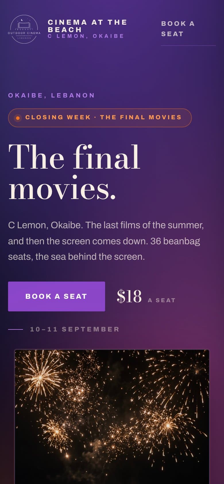 The Cinema at the Beach website, films on the sand at C Lemon, Okaibe, on a phone