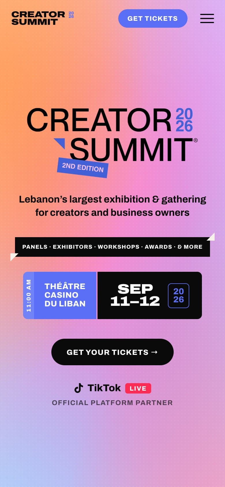 The Creator Summit 2026 website, second edition at Casino du Liban, on a phone