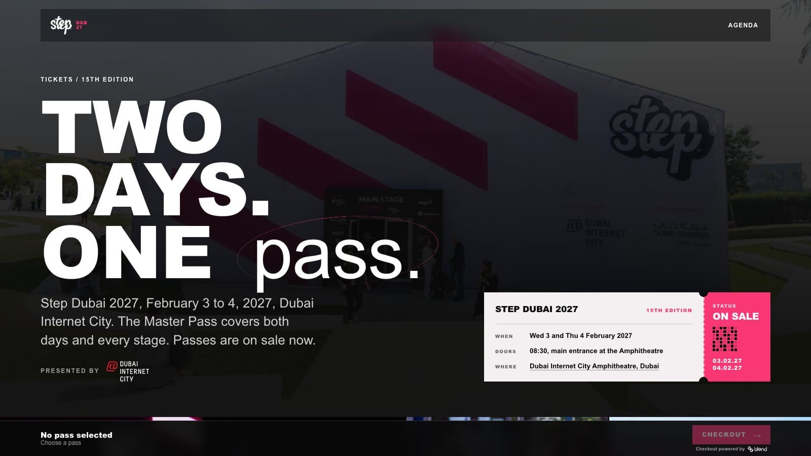 The Step Dubai 2027 tickets website, Two days. One pass., on desktop