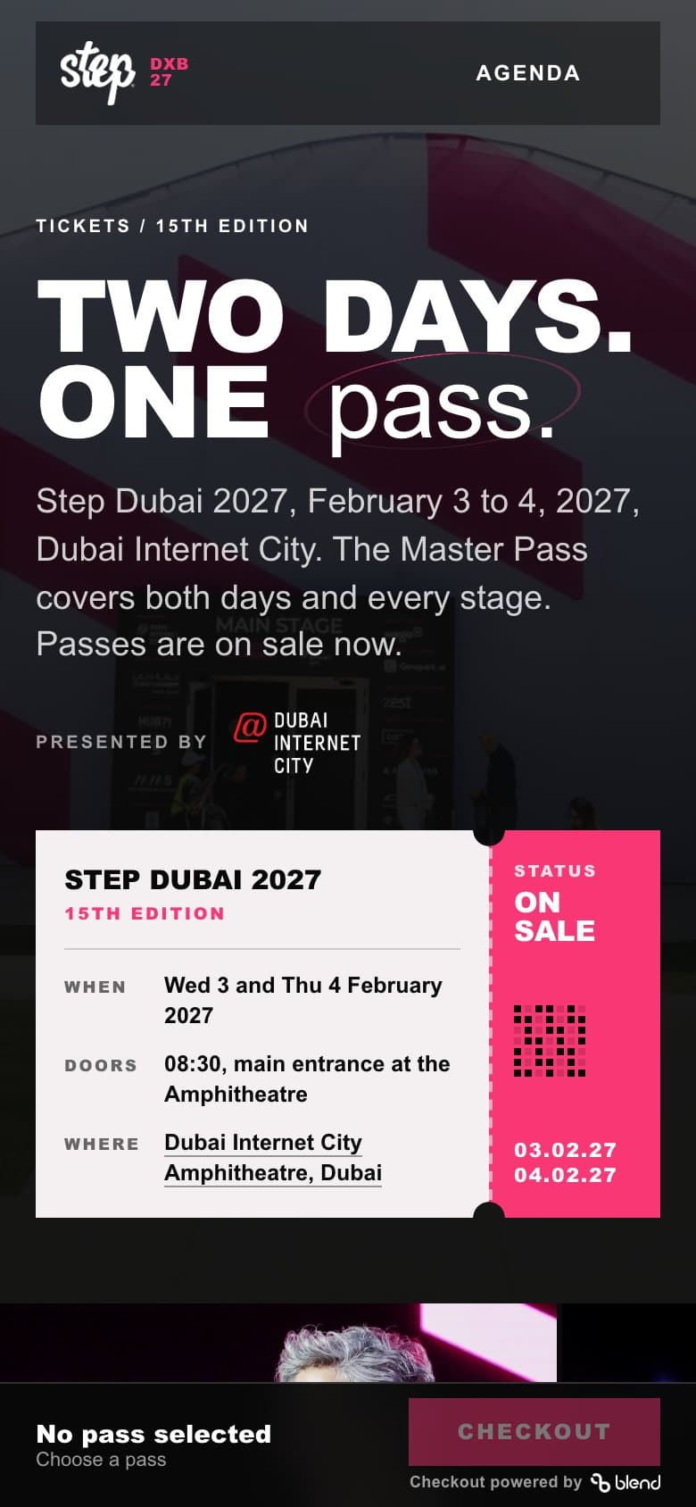 The Step Dubai 2027 tickets website, Two days. One pass., on a phone