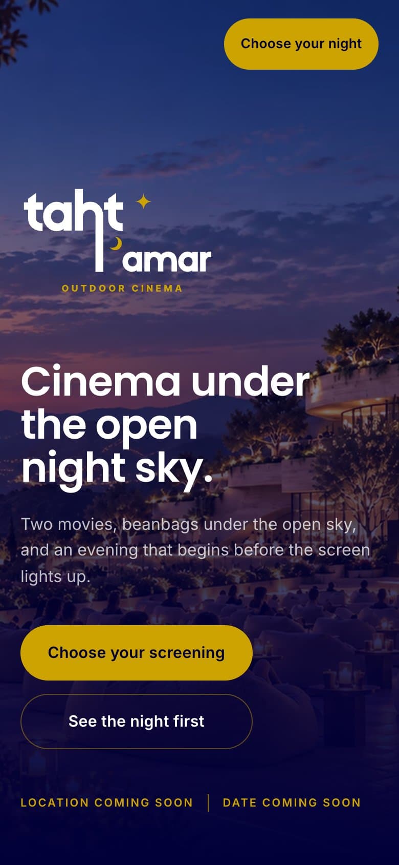 The Taht L Amar outdoor cinema website, Cinema under the open night sky, on a phone
