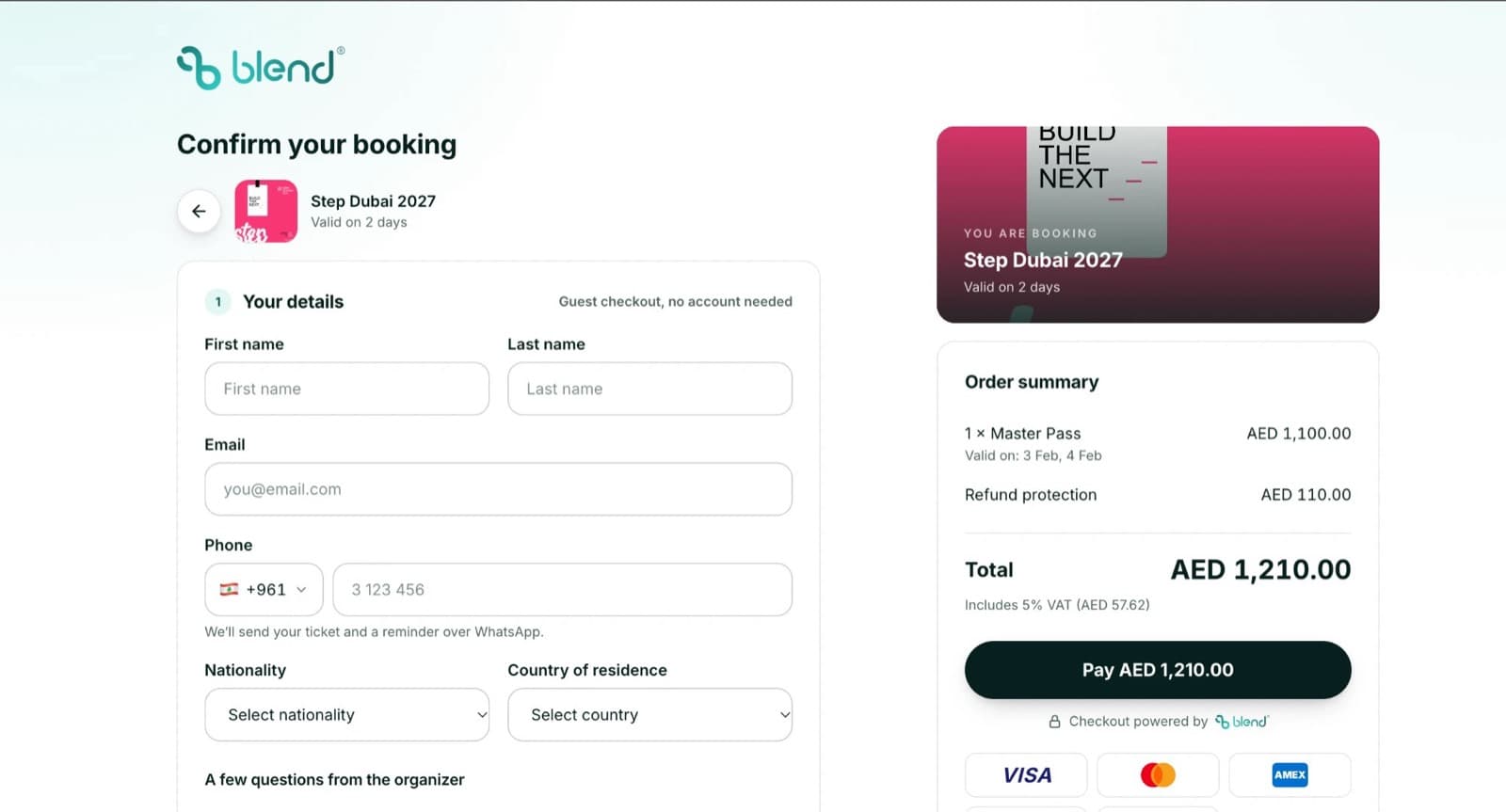 The Step Dubai 2027 checkout on step.blendapp.ai, with ticket details, buyer details and the order summary, running on Blend