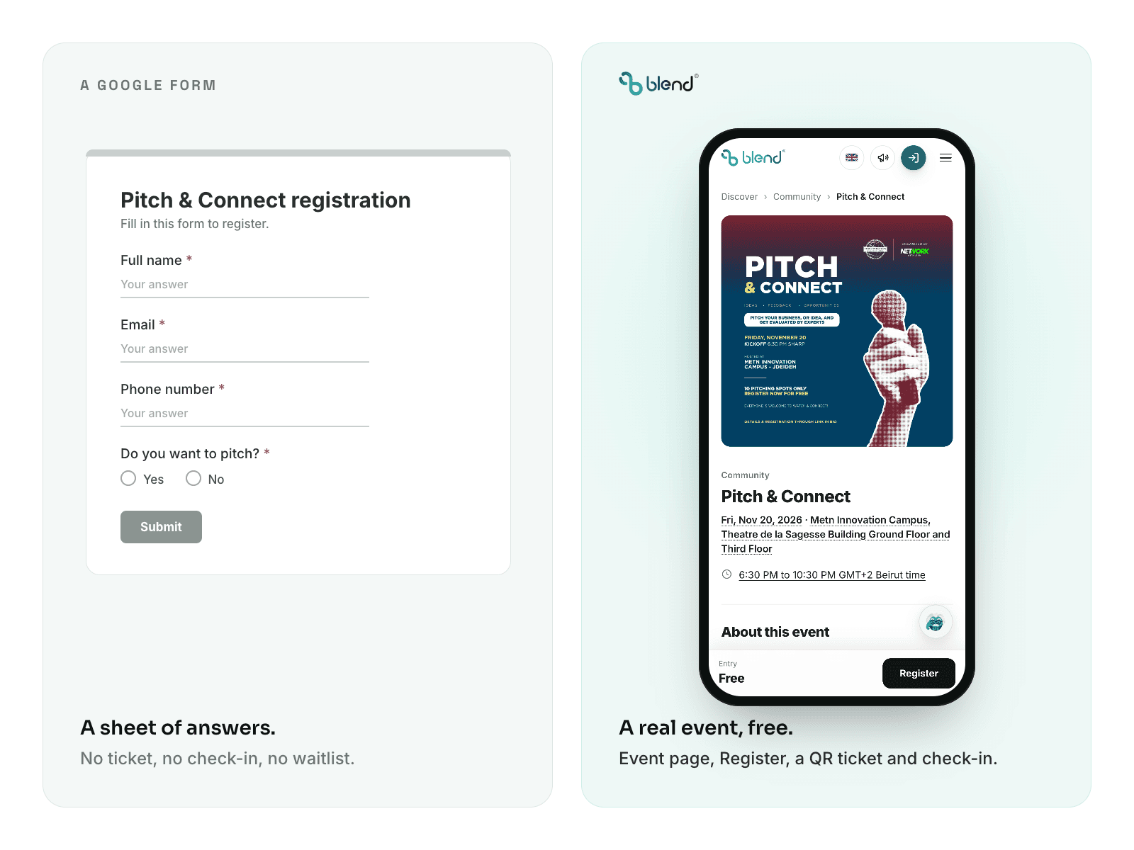 The same free event, Pitch & Connect, as a plain registration form on the left and as a Blend event page with Entry Free and a Register button on the right